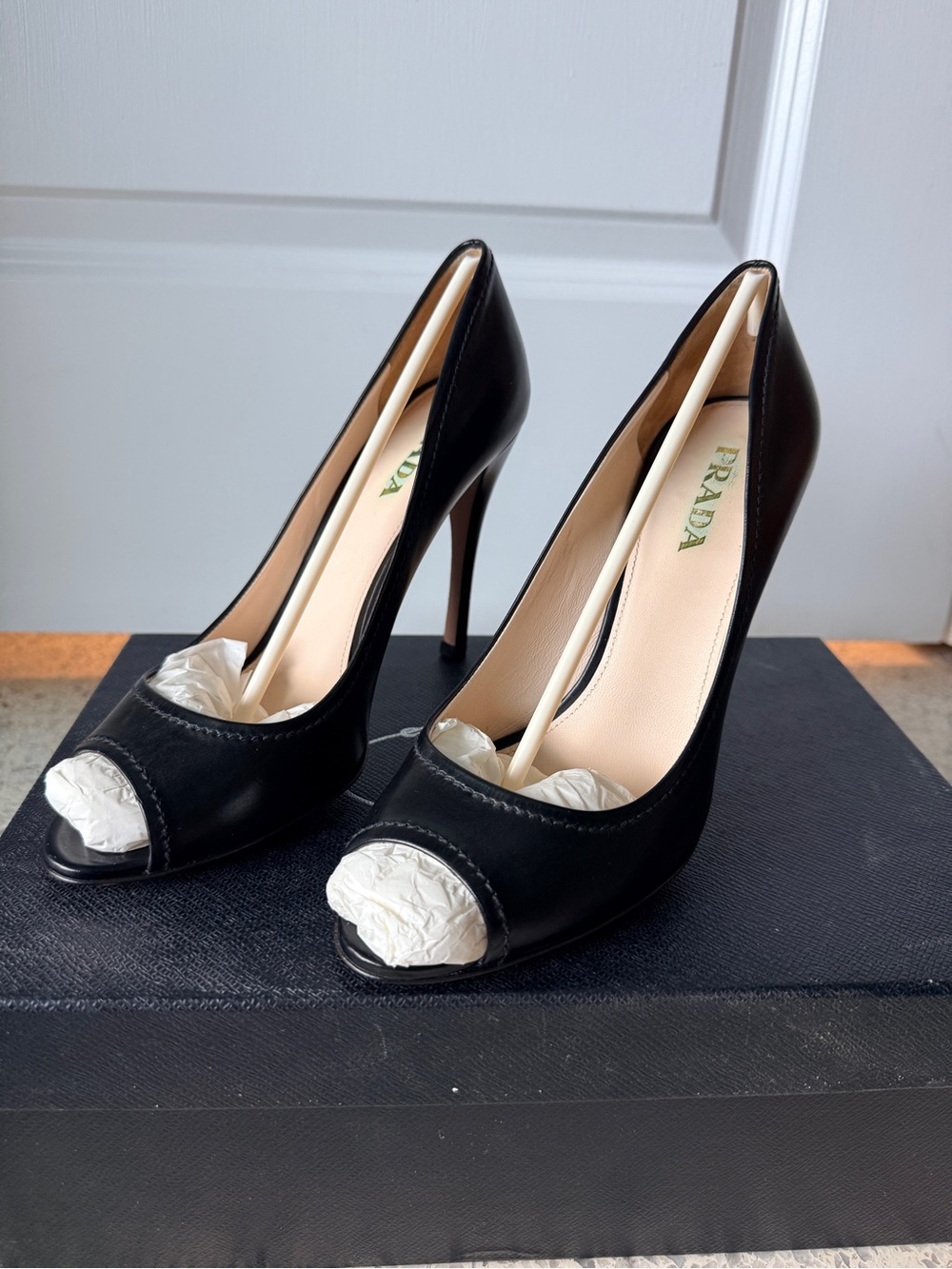 Prada Black Leather Peep-Toe Stiletto Heels